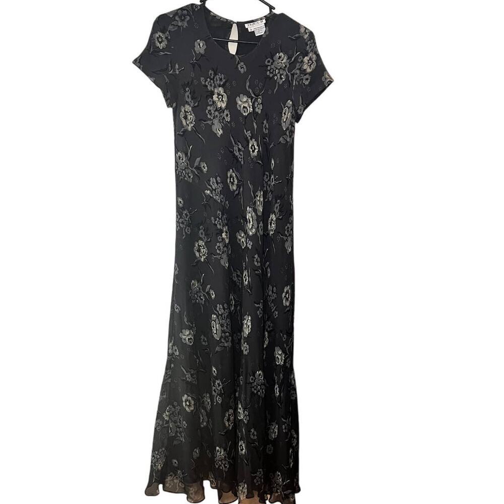 Vintage Tracy M 100% Pure Silk Floral gray Short Sleeve Long Maxi Dress Size M